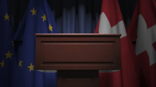 Schweiz och EU: s många flaggor, 3D-rendering — Stockfoto