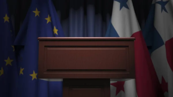 Fila de banderas de Panamá y la Unión Europea UE y tribuna hablante, representación conceptual 3D —  Fotos de Stock