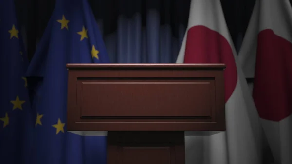 Många av Japans flaggor och EU: s 3D-rendering — Stockfoto