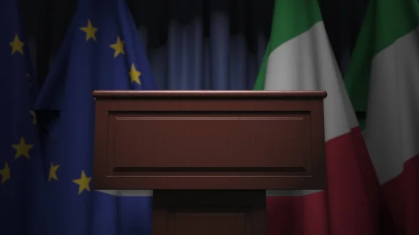 Italiens flaggor och Europeiska unionen vid internationella möten, 3D-rendering — Stockfoto