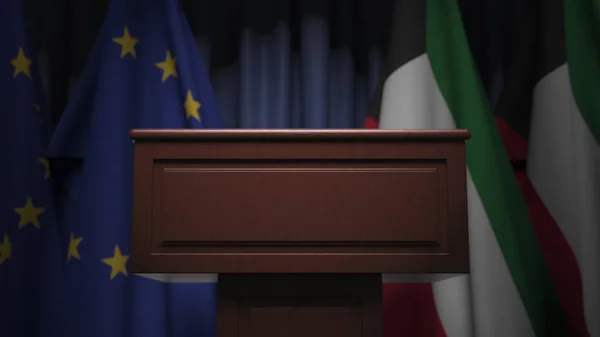 Vlaggen van Koeweit en de Europese Unie op internationale vergadering, 3D-rendering — Stockfoto
