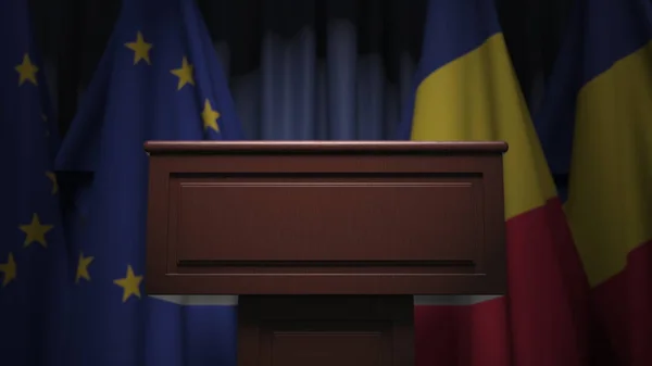 Rumäniens och Europeiska unionens flagg vid internationella möten, 3D-rendering — Stockfoto