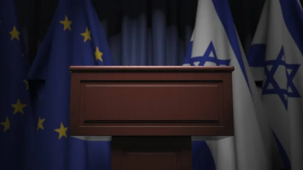Drapeaux d'Israël et de l'Union européenne lors d'une réunion internationale, rendu 3D — Photo