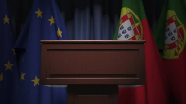 Portugáliában és az Európai Unió EU-ban sok zászló, 3D-s renderelés — Stock Fotó