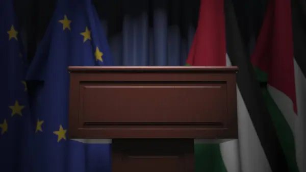 Många flaggor av Jordanien och Europa bakom talarstolen, 3d rendering — Stockfoto
