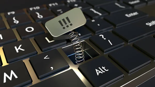キー内のコンピューターキーボードとジャックインボックスのトリプル感嘆符。概念的な3Dレンダリング — ストック写真