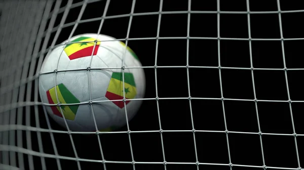 Bola com bandeiras do Senegal em gol contra fundo preto. Renderização 3D conceitual — Fotografia de Stock