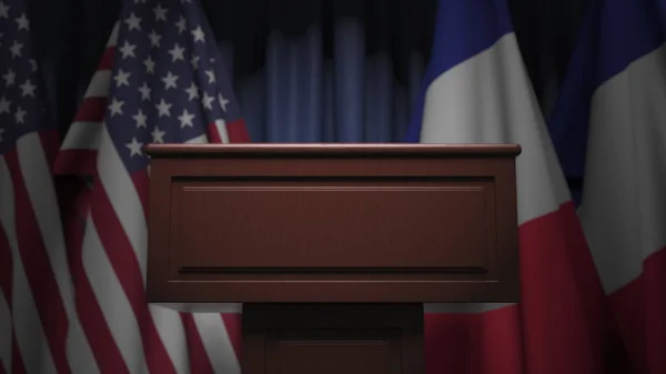 Flaggen von Frankreich und den USA bei internationalen Treffen, 3D-Darstellung — Stockfoto