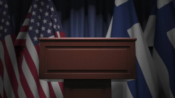 Fila de banderas de Finlandia y Estados Unidos y tribuna hablante, representación conceptual 3D — Foto de Stock