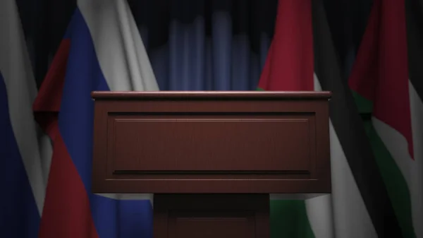 Many flags of Jordan and Russia behind speaker tribune, 3D rendering — Stock Photo, Image