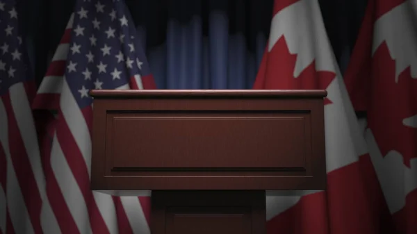 Kanada ve Usa bayrak sırası ve konuşmacı tribünü, kavramsal 3D yorumlama — Stok fotoğraf