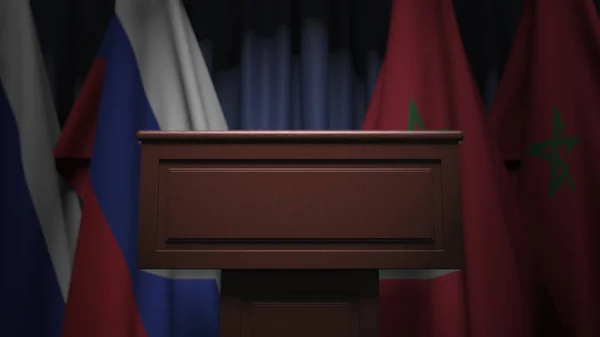 Wiele flag Maroka i Rosji za głośnik trybuny, 3d renderowania — Zdjęcie stockowe