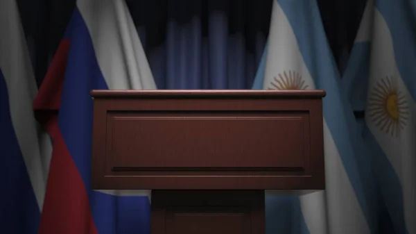 Fila de bandeiras da Argentina e da Rússia e tribuno orador, renderização 3D conceitual — Fotografia de Stock