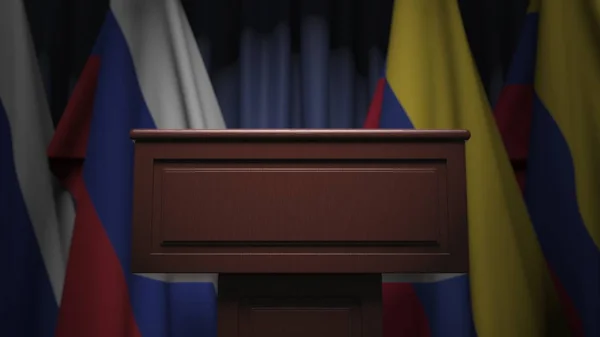 Прапори Колумбії та Росії і трибуна, 3d рендеринг — стокове фото