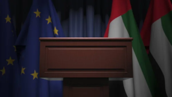 Drapeaux des Émirats arabes unis et de l'Union européenne lors d'une réunion internationale, rendu 3D — Photo