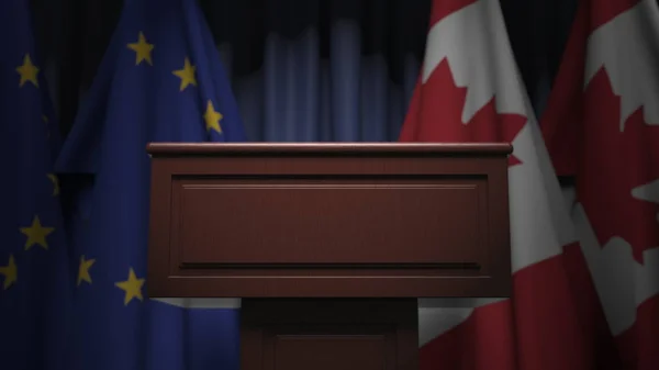 Kanadas och Europeiska unionens flaggor och talartribun, begreppsmässig 3d-tolkning — Stockfoto