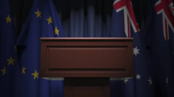 Flaggen Australiens und der Europäischen Union bei internationalen Treffen, 3D-Darstellung — Stockfoto