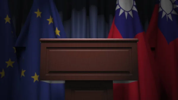 Reihe von Flaggen Taiwans und der Europäischen Union eu und Rednertribüne, konzeptionelle 3D-Darstellung — Stockfoto
