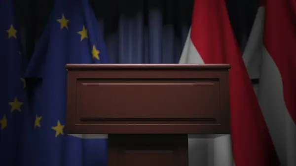 Bandeiras da Indonésia e da União Europeia e tribuno, renderização 3D — Fotografia de Stock