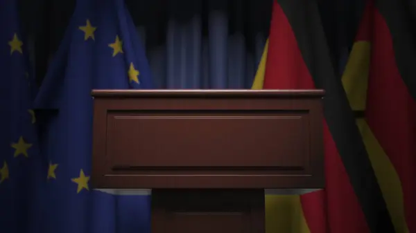 Många flaggor i Tyskland och Europa bakom talarstolen, 3d rendering — Stockfoto