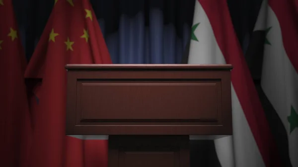 Drapeaux de Syrie et de Chine et tribune, rendu 3D — Photo