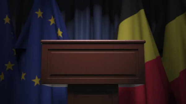 Belgiens och Europeiska unionens flagga och tribun, tredje upplagan — Stockfoto