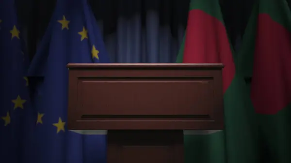 Bangladeshs flaggor och Europeiska unionen vid internationella möten, 3D-rendering — Stockfoto