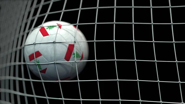 Bola com bandeiras do Líbano em gol contra fundo preto. Renderização 3D conceitual — Fotografia de Stock