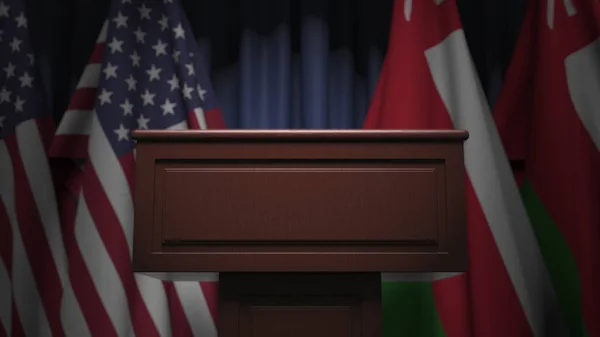 Banderas de Omán y Estados Unidos en el encuentro internacional, representación 3D —  Fotos de Stock