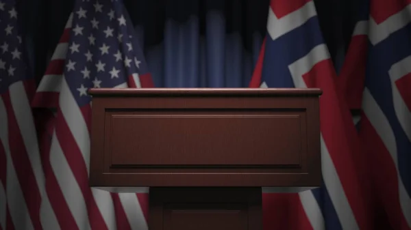 Bandeiras da Noruega e dos EUA em reunião internacional, renderização 3D — Fotografia de Stock