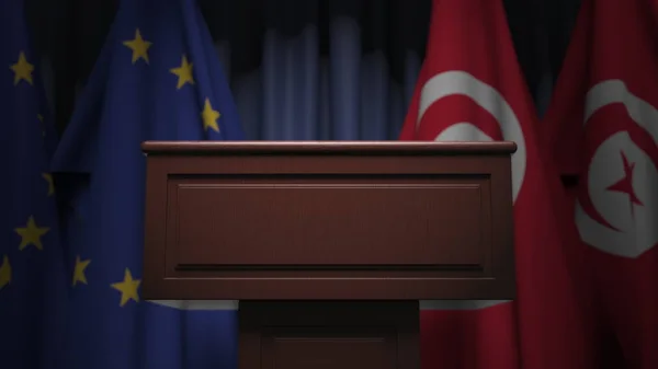 Många flaggor Tunisien och Europeiska unionen EU, 3D-rendering — Stockfoto