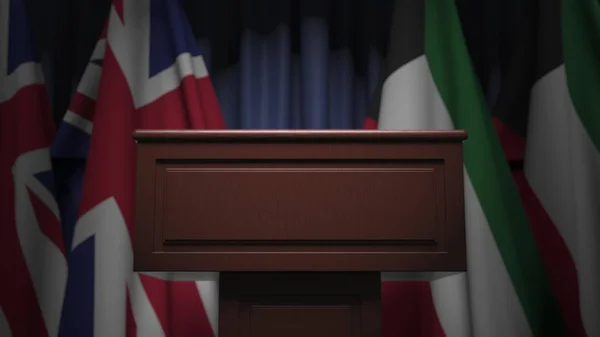 Kuwait flaggor och Storbritannien vid internationella möten, 3D-rendering — Stockfoto