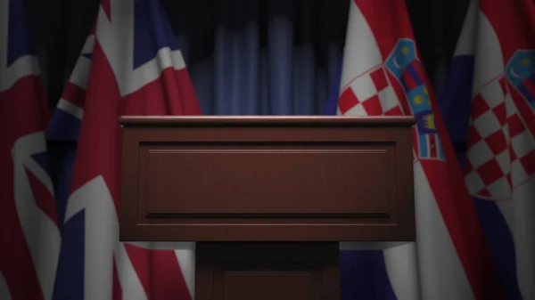 Reihe von Flaggen Kroatiens und des vereinigten Königreichs und Sprechertribüne, konzeptionelle 3D-Darstellung — Stockfoto