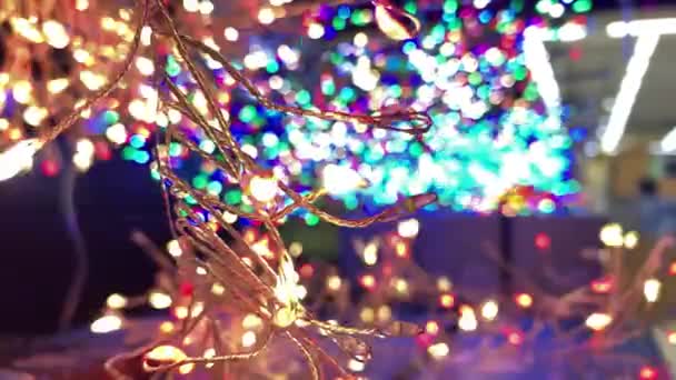 Many colorful LED Christmas tree lights on the shelf of a store, close-up shot — Stock Video