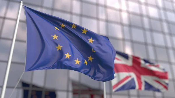 Fahnen der Europäischen Union und des Vereinigten Königreichs Großbritannien vor einer modernen Hochhausfassade schwenken. 3D-Darstellung — Stockfoto