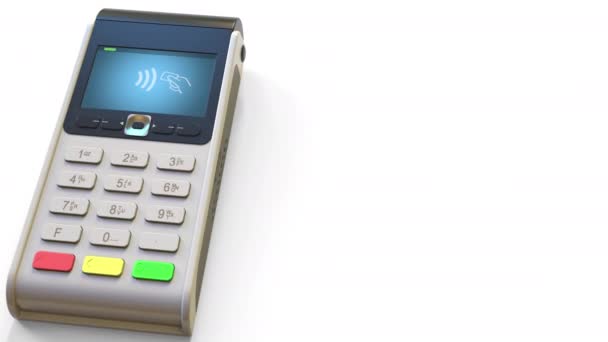 Terminal de pago y bandera de Túnez en la tarjeta virtual en el teléfono inteligente moderno. Animación 3D relacionada con el pago minorista o móvil nacional — Vídeos de Stock