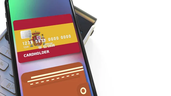 Payment terminal and flag of Spain on the virtual card in modern smartphone. National retail or mobile payment related 3D rendering — Stock Photo, Image