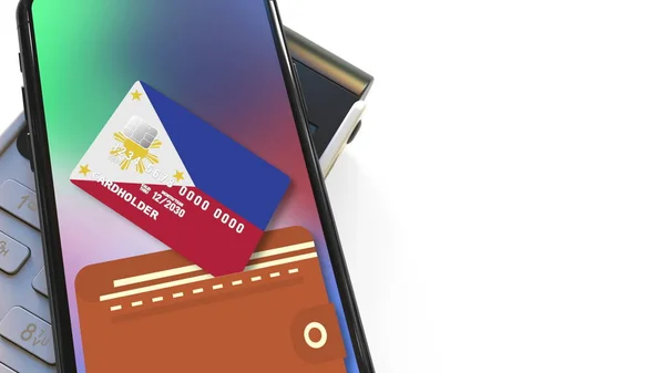 Terminal de punto de venta y bandera de Filipinas en la tarjeta virtual en el teléfono inteligente moderno. Renderización 3D relacionada con el pago minorista o móvil nacional — Foto de Stock