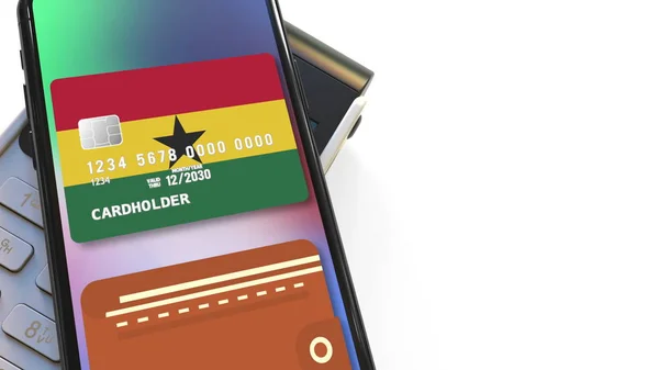 Payment terminal and flag of Ghana on the virtual credit card in smartphone. National retail or mobile payment related 3D rendering — Stock Photo, Image
