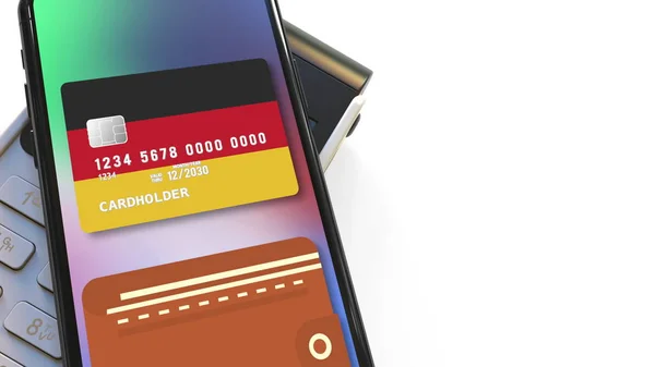 Платежный терминал и флаг Гемани на виртуальной кредитной карте в смартфоне. Национальные розничные или мобильные платежи — стоковое фото