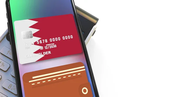POS terminal and flag of Bahrain on the virtual credit card in smartphone. National retail or mobile payment related 3D rendering — Stock Photo, Image