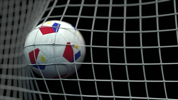 Bola com bandeiras de Filipinas em gol contra fundo preto. Renderização 3D conceitual — Fotografia de Stock