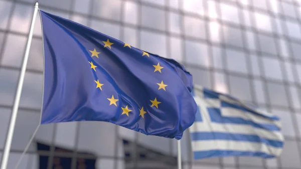 Fahnen der Europäischen Union und Griechenlands vor einer modernen Hochhausfassade schwenken. 3D-Darstellung — Stockfoto