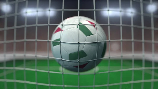 Football avec des drapeaux de la Hongrie frappe filet de but. rendu 3D — Photo