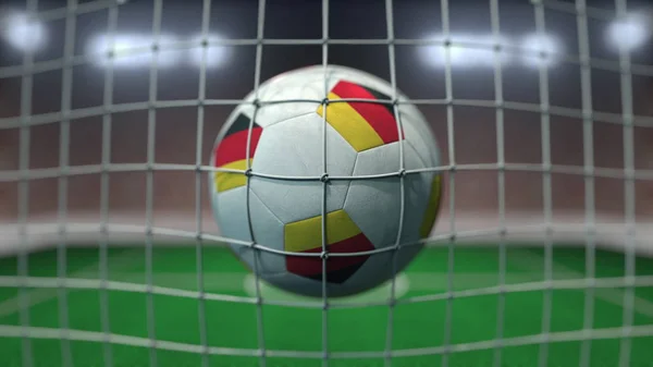 Football avec des drapeaux de Gemany frappe filet de but. rendu 3D — Photo