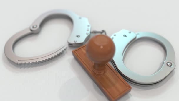 吸毒图章和手铐。 与犯罪和惩罚有关的概念3D动画 — 图库视频影像