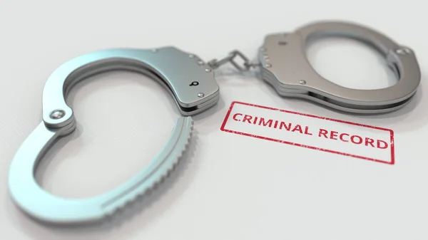 CRIMINAL RECORD stamp and handcuffs. Crime and punishment related conceptual 3D rendering — Stock Photo, Image