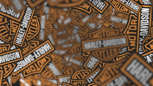 Viele Logos von Harley-Davidson. Editorial 3D Rendering Hintergrund — Stockfoto