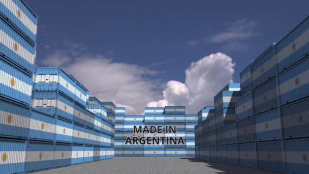 Many cargo containers with MADE IN ARGENTINA text and national flags. Argentinean import or export related 3D animation — ストック動画