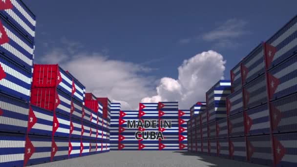 Many cargo containers with MADE IN CUBA text and national flags. Cuban import or export related 3D animation — Stock Video